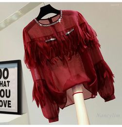 Women's Blouses Tassel Diamond Round Neck Pullover Chiffon Shirt Woman 2024 Spring And Summer Korean Style Loose Slimming Long Sleeve Blouse