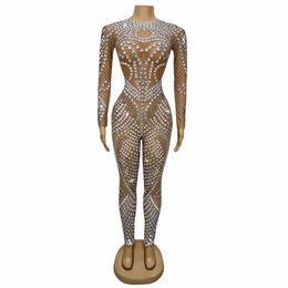 new Lg Sleeved Stretch Leotard Women Full Rhinestes Jumpsuit Party Jazz Dance Costume Ds DJ Stage Performance Clubwear ZZK i52U#