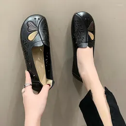 Casual Shoes 2024 Female Handmade Leather Slip On Loafers Women Shallow Hollow Breathable Summer Flat Woman Footwear