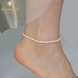 Strands ASHIQI Natural Freshwater Pearl Anklet Lady Elasticity Chain Beach Foot Bracelet Fashion Jewellery for Women New Trend