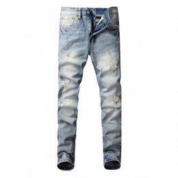 streetwear Fi Men Jeans Retro Light Blue Stretch Elastic Slim Fit Ripped Jeans Men Embroidery Designer Vintage Denim Pants T2Mk#