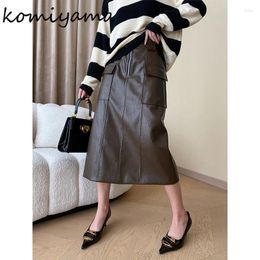 Skirts Komiyama 2024 Atutumn Vintage Cargo Pocket Skirt Pu Leather Faldas Mujer High Waist Hip Womens Zipper Jupe Femme