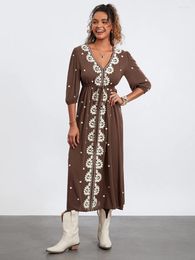Casual Dresses Women S Summer Embroidered Dress 3 4 Sleeve V-Neck Tie Tunic Waist Long For Beach Party
