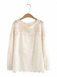 plus Size Women's Shirt Solid Colour N-Stretch Cott Hollow Carved Embroidered Frs And Shoulder Lace Hooked Lg-Sleeved F9M2#