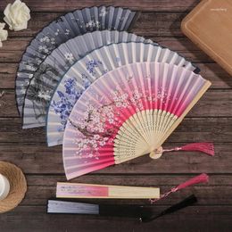 Decorative Figurines Retro Chinese Silk Bamboo Folding Fan Floral Painting Hand Held Fans Dance Party