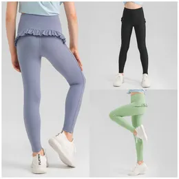 lu158 Girls' Naked Breathable Yoga Pants with Quick Drying and High Elasticity Lace Ballet Dance Training Pants for Children's Sports and Fitness