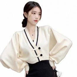 vintage Knitted Cardigan Women V Neck Cropped Sweater Outerwear Korean Elegant Batwing Sleeve Butt Chic Knitwear Jackets h81h#