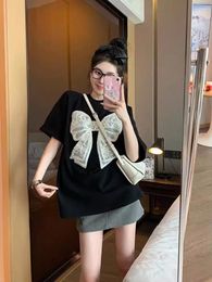 Women's T Shirts Pearls Diamonds Bow Pattern Cotton Shirt Women Loose Short Sleeve Tee Femme Black Tops 2024 Summer