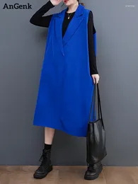 Casual Dresses Blue Vintage Sleeveless Vest For Women Notched Collar Loose Midi Dress Fashion Clothing Spring Autumn 2024