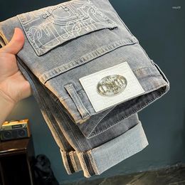 Men's Jeans Light Luxury High-end For Grey Fitting Straight Pocket Printed Slim Fit Cotton Elastic Casual Loose Denim Pants