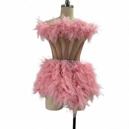 sexy Feather Pink Tutu Skirt Women Gogo Dancers Outfits Evening Dr Drag Queen Costumes Nightclub Bar Festival Dr DN12668 P9eG#