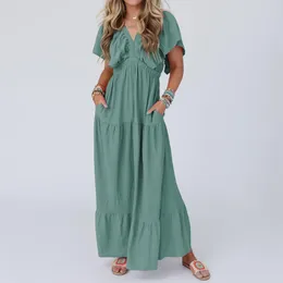 Party Dresses Women Long Dress Everyday Casual V Neck Short Sleeve Tiered Folds Maxi Summer Leisure Resort Style Solid Soft
