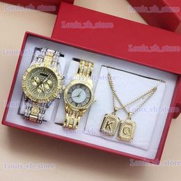 Other Watches 4Pcs Hip Hop Couple Set For Luxury Men Women Stylsih Ice Out Diamond es With Necklaces For Lovers Valentines Day T240329