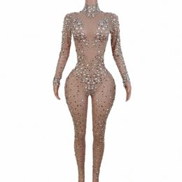 evening Birthday Celebrate Sexy Rompers Prom Party Singer Costume Show Wear Big Pearl Bling Sier Stes Mesh Jumpsuit j1xU#