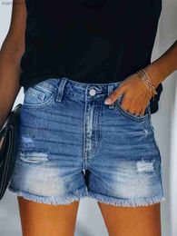 Women's Shorts Blue Frayed Hem Denim Ripped Holes Slash Pockets Short Pants Womens Jeans Clothing 240329