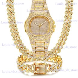 Other Watches 3PCS for Men Women Couple Calendar Luxury Wist Necklace Bracelet Jewellery Set Bling Gold Silver Diamond Cuban Chain T240329