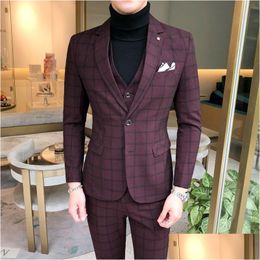 Men'S Suits & Blazers Mens Men Suit Fashion Plaid Business Casual Slim Fit Blazer Gentleman England Three-Piece Wedding Male Jacket C Dh8Xt