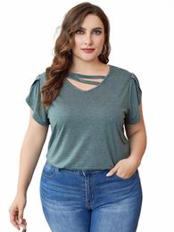 plus Size Short Petal Sleeve Women T-Shirts Solid V Cut Out Neck Top Knitted Oversized Tee Summer Fall Spring Casual Clothing d0fO#