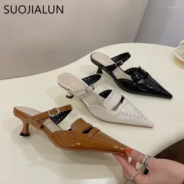 Slippers SUOJIALUN 2024 Spring Brand Women Slipper Fashion Pointed Toe Slip On Mules Shoes Thin High Heel Outdoor Dress Sandal Pumps