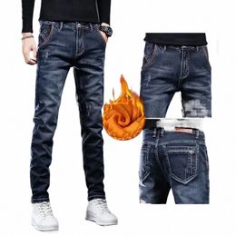 winter Men's Pants Brushed Denim Slim Jeans Streetwear Skinny Ripped Veet Boots Cut Korean Fi Streetwear 90s Trousers Man a2cZ#