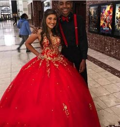 Red With Gold Embroidery Quinceanera Ball Gown Dresses 2022 Sweetheart Beading Tulle Floor Length Prom Formal Evening Dress3368271