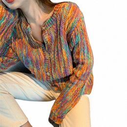 hdspq New Rainbow Colour Cardigan with Butts 2023 Autumn Winter Korean Fi Lg Sleeve Knit Cardigan Women Loose Sweaters t91U#