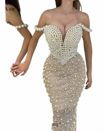 gorgeous Pearls Off Shoulder Mermaid Evening Dres Arabic Floor Length Lg Formal Prom Gowns for Wedding Party Elegant w7uZ#