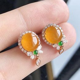 Stud Earrings Natural Yellow Chalcedony Transparent Round Bead Pendant Chinese Style Retro Necklace Craft Female Silver Jewelry