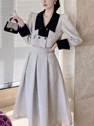 Work Dresses Women Elegant Double-breasted Color-block Long-sleeve Jacket High Waist Skirt Suit Two-piece