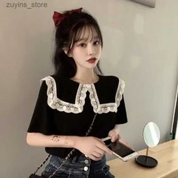 Women's T-Shirt Womens top black cute womens shirt and shirt short sleeved Kawaii neckline Tunic 2024 vintage M cool Korean new S24329