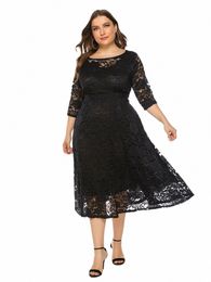 Plus Size Ctrast pizzo mezza manica semi velato Midi Prom Party Wedding Evening Dr per le donne 08lw #