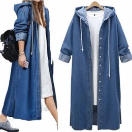 european and American Ladies Denim Trench Coat Solid Color Lace-Up Denim Jacket Lg Shirt 83OB#