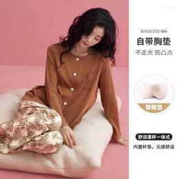 Home Clothing With Chest Cushion Women's Pajamas Set Spring And Fall Korean Cardigan Long-sleeved Cotton Summer Style Homewear Sleepwear