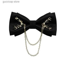 Bow Ties British Mens Wedding Bow Tie Solid Color Deer Head Chain Double Layer Korean Business Banquet Cocktail Party Suit Groom Bowtie Y240329