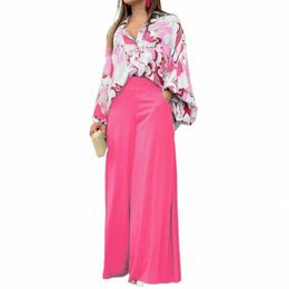 plus Size Autumn Winter Women Shirt Set 2023 Print Casual Suit V-neck Lg Sleeve Top High Waist Wide Leg Pants Two Piece Set d9bI#