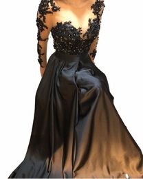 2023 Black Handmade Frs Crystal Formal Evening Dr Satin Lace Women Evening Gowns Elegant A-Line Lg Sleeve Prom Dres 59NB#