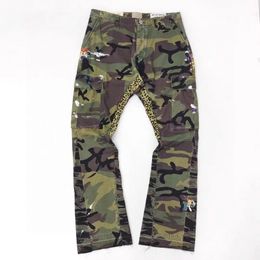 24ss Autumn Winter USA Camouflage Leopard Print Patchwork Cargo Flared Pants Splashing ink Bell-bottoms Casual Men Women Trousers 0329