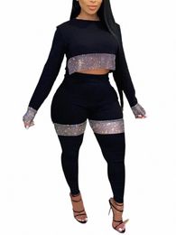 lw Plus Size Casual Elegant Women Outfits 2023 Autumn Lg Sleeve Round Neck Crop Top See Through Sequin Skinny Y2K Pants Set 49Im#
