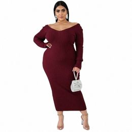 plus Size Ribbed Knitted Dres Women Clothing Solid Deep V Neck Lg Sleeve Backl Mid Calf Dr Hot Dropship Wholesale R6zT#