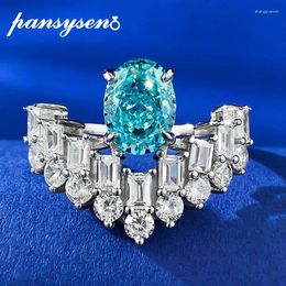 Cluster Rings PANSYSEN 925 Sterling Silver 6 8MM Oval Paraiba Tourmaline High Carbon Diamond Ring 18K White Gold Plated Fine Jewelry Gift