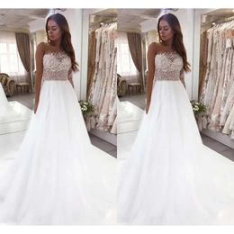 Sweet White Wedding Dresses Sexy Sheer Jewel Neck Beads Sequined Top A Line Party Bridal Reception Gowns Women Formal Vestidos Custom Made BC