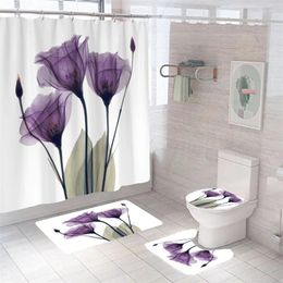 Shower Curtains Flowers Print Curtain Nordic Bath Waterproof Anti-slip Plants Mat Set Room Decorative Carpet Toilet Rugs