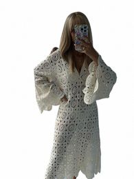 women Casual Geometric Hollow Out Knitted Dr Elegant V-neck Flare Lg Sleeve Loose Dres Lady Solid Beach Party Midi Robes e1op#