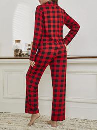 Home Clothing Women Red Plaid Pajamas Lounge Set Turn-Down Collar Long Sleeve Shirts Tops And Pants 2 Piece Loungewear Outfits