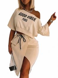 lw Plus Size Two Pieces Dres Suits Leter Print One Shoulder Letter Print Half Sleeve Top&High Split Pocket Midi Skirt Set w4lN#