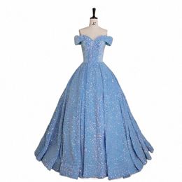 evening Dr Short Sleeves Sequins Ball Gown Boat Neck Simple Lace Up Floor-Length Sky Blue Party Formal Dres Woman c2XH#