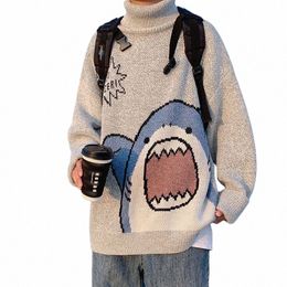 zazomde Men Turtlenecks Shark Sweater Men 2023 Winter Patchwor Harajuku Korean Style High Neck Oversized Grey Turtleneck For Men n3l1#