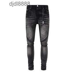 Men's designer pants AMIRCA Trendy Black Bull Washed and Worn Out Patchwork MX1 Elastic Slim Fit Jeans Mens High Street Instagram