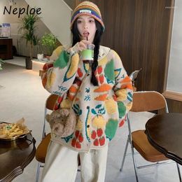 Women's Knits Neploe Thicked Warm Loose Knitted Cardigan 2024 Autumn O-neck Cotton Sweaters Coat Heavy Print Long Sleeve Cardigans