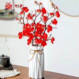 Decorative Flowers 3 Long Sets Red Plum Simulation Flower Bouquet Plant Living Room Decoration Ceramic Vase